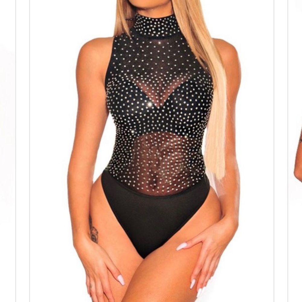 Black sheer rhinestone bodysuit
